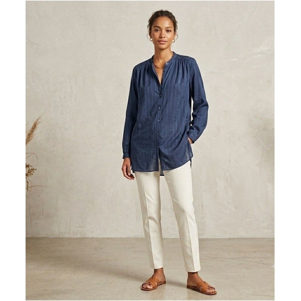 Massimo Dutti Navy Blue Cotton Silk Striped Band Collar tunic Blouse NWT Size 2